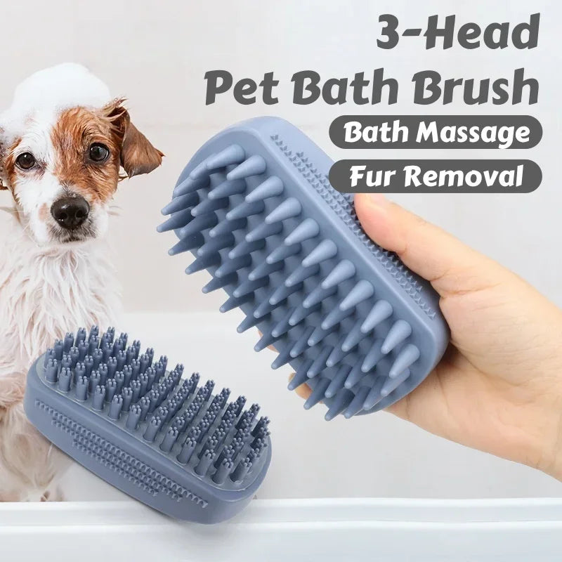 3-Head Silicone Bath Massage Brush with Fur Removal for Cats/Dogs - Collects 96% Wet Hair During Washing - Grooming Tool