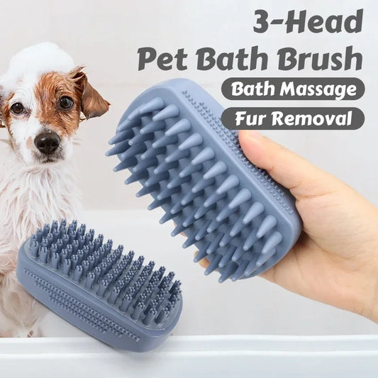 3-Head Silicone Bath Massage Brush with Fur Removal for Cats/Dogs - Collects 96% Wet Hair During Washing - Grooming Tool