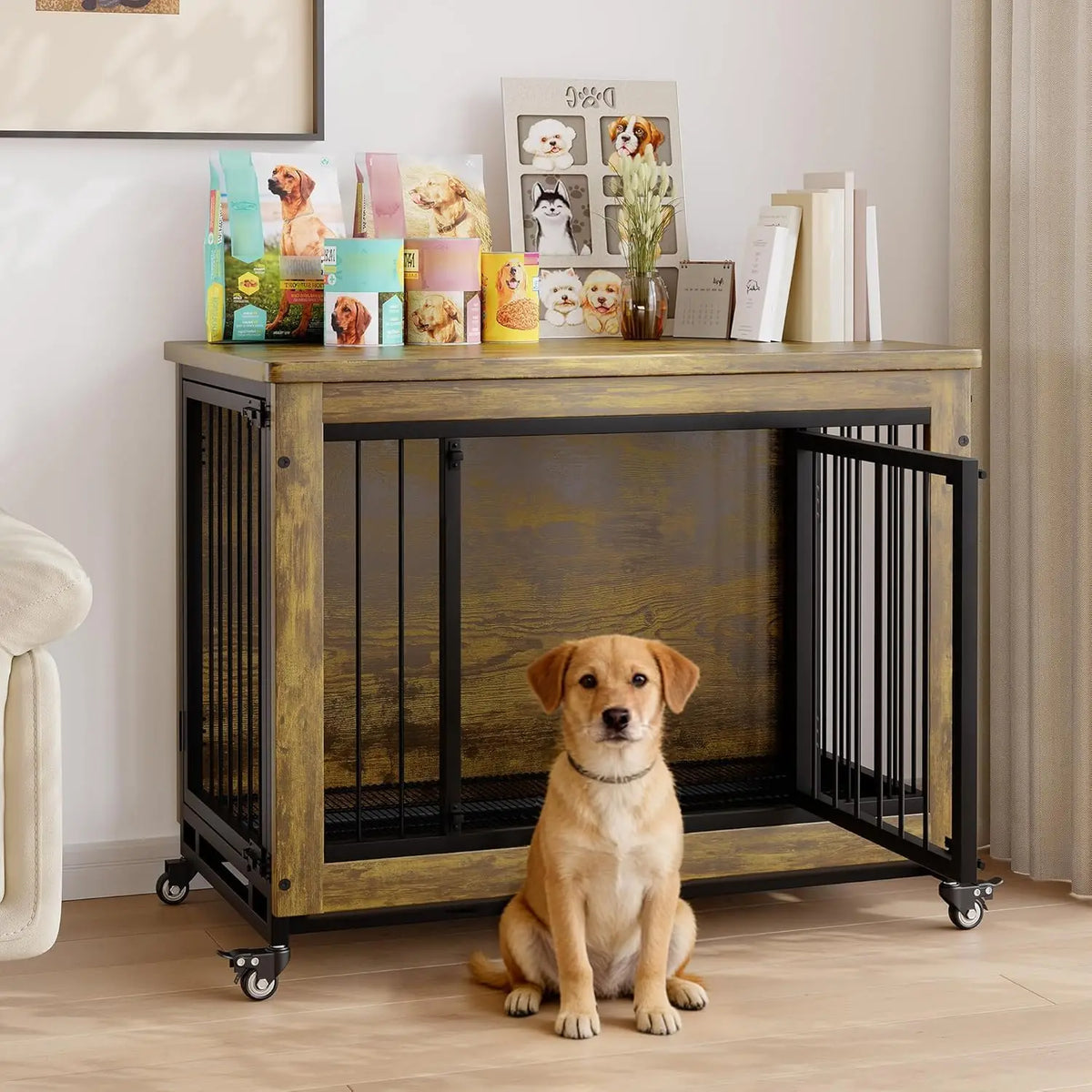 38 Inch Dog Crate Furniture Wooden Dog Kennel End Table with 3 Doors Locking Wheels Removable Tray Divider Indoor Pet Cage Side Table for Small Medium Dogs Retro Brown