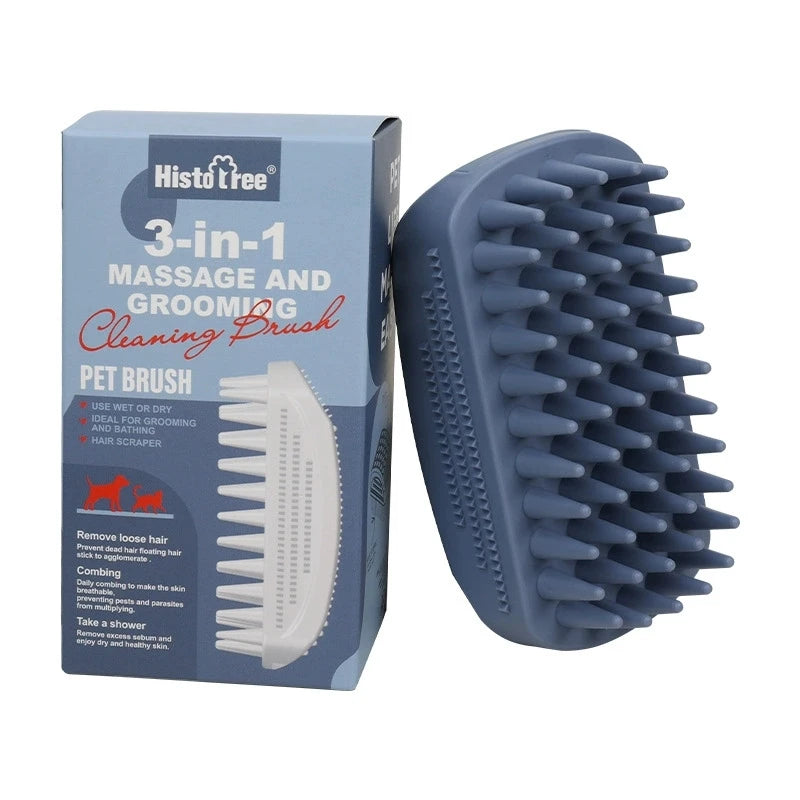 3-Head Silicone Bath Massage Brush with Fur Removal for Cats/Dogs - Collects 96% Wet Hair During Washing - Grooming Tool