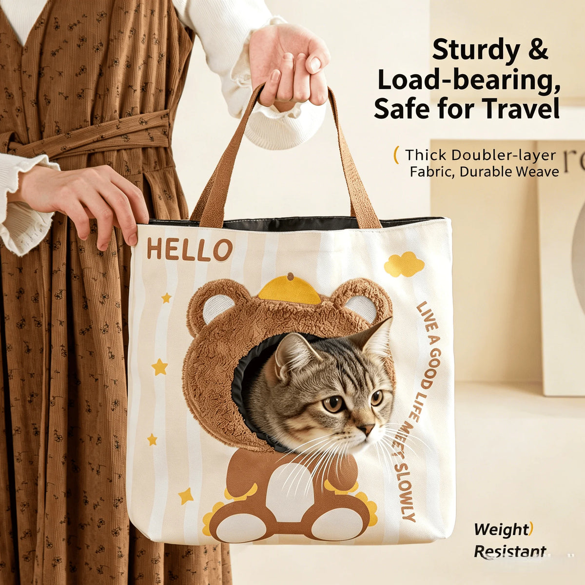 Cartoon Head Out Cat Tote Bag Breathable Canvas Portable Shoulder Carrier Large Capacity Travel Bag for Small Pets