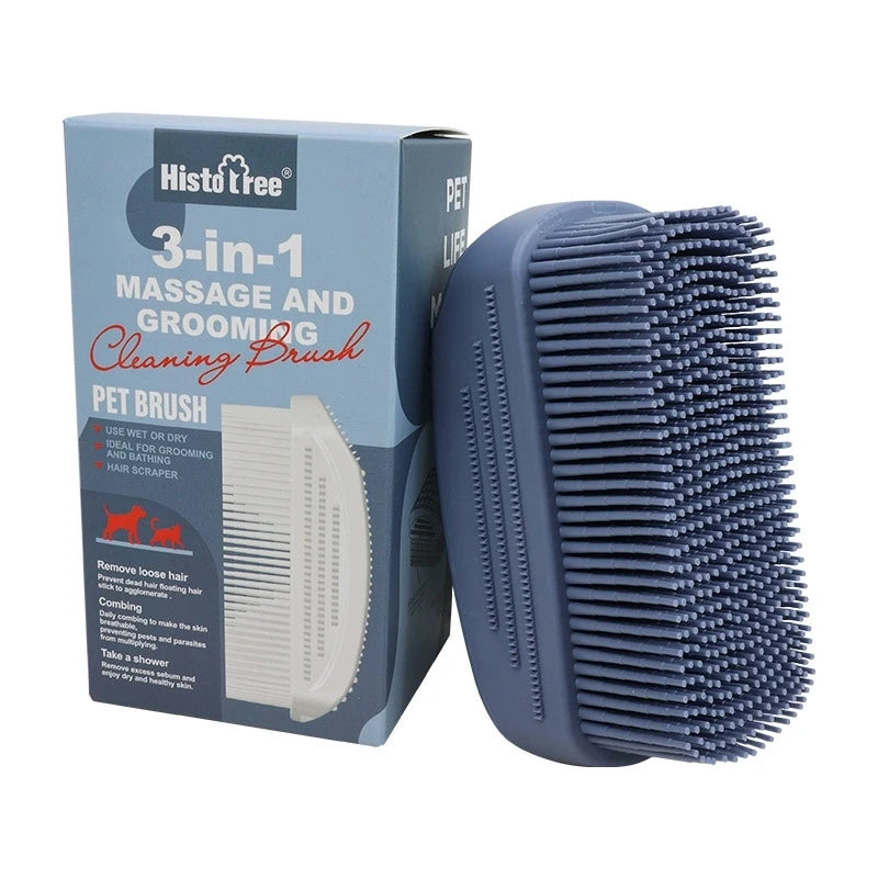 3-Head Silicone Bath Massage Brush with Fur Removal for Cats/Dogs - Collects 96% Wet Hair During Washing - Grooming Tool