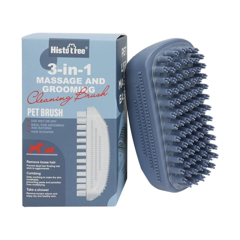 3-Head Silicone Bath Massage Brush with Fur Removal for Cats/Dogs - Collects 96% Wet Hair During Washing - Grooming Tool