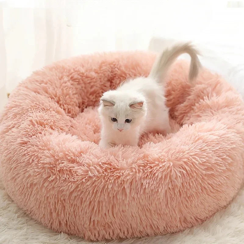 Soft Pet Cat Bed Pad Plush Warm Faux Fur Dog Calm Bed Donut Round Bed Comfortable Sleeping Washable for Small Medium Dog and Cat